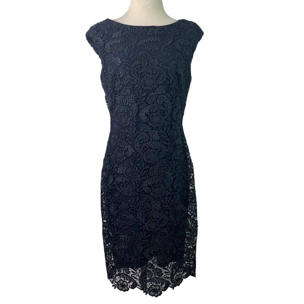 Ralph Lauren Lace Floral Sheath Dress Size 8 Navy Blue Midi Evening Elegant